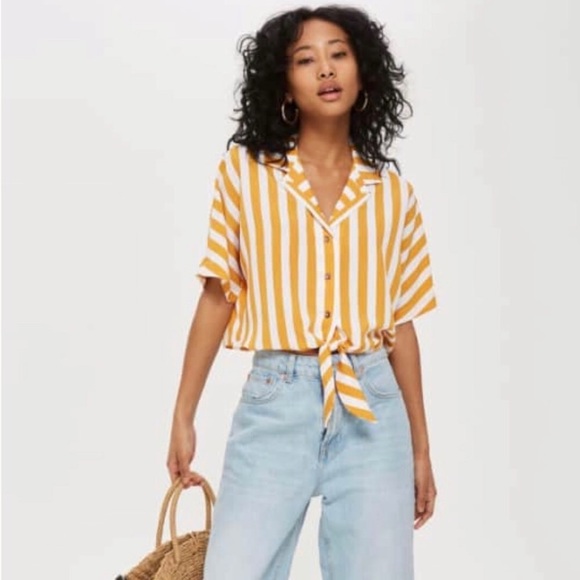 Topshop Tops - TOPSHOP Yellow Striped Tie Front Cropped Top 10